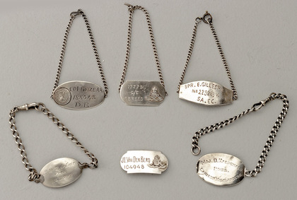 South African Military World War II Silver Identification Dog Tags (Collection of 6) - Egyptian Hallmarks, Wrist bands